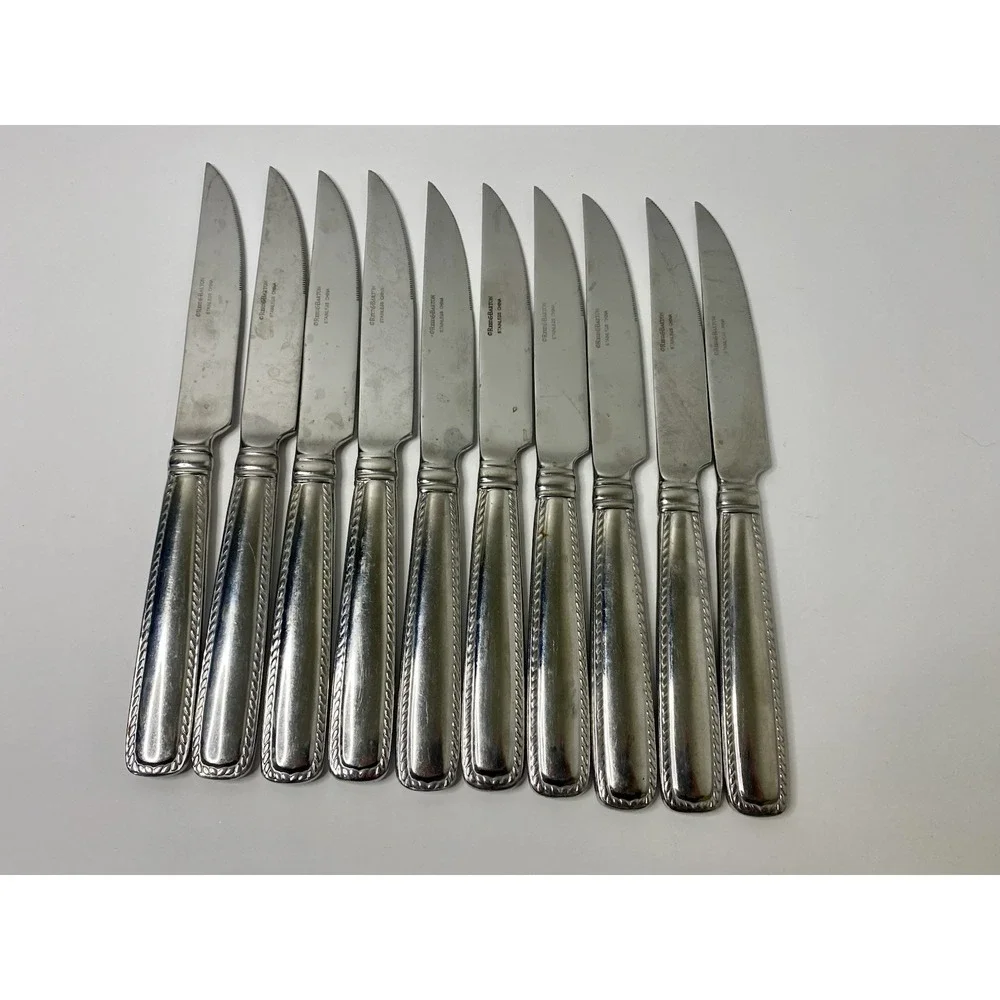 10 Reed & Barton BARRETT Rope Feathered Edge Stainless Steak Knives 9 3/8